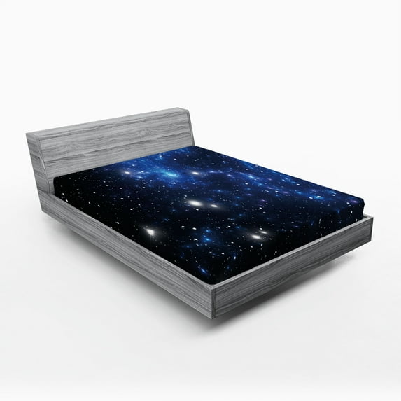 Ambesonne Constellation Fitted Sheet, Space Star Nebula, King Size, Blue Black White