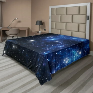 Ambesonne Constellation Flat Sheet, Space Star Nebula, California King, Blue Black White