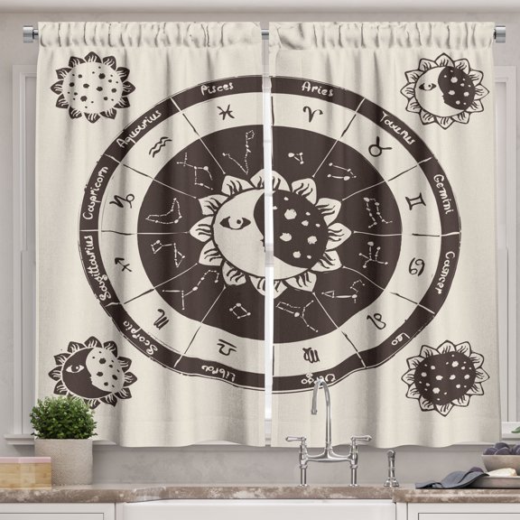 Ambesonne Constellation Kitchen Curtains, Zodiac Sun Moon, 55"x39", Dark Brown Cream