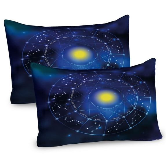Ambesonne Constellation Pillow Sham 2 Pack, Zodiac Circle Sun, 36"x20", Pale Blue Indigo Yellow