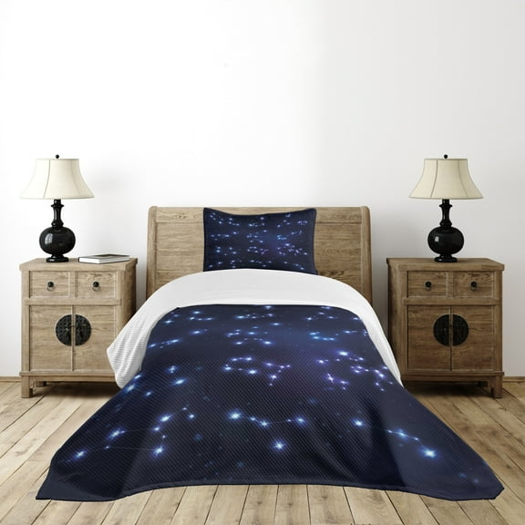 Ambesonne Constellation Quilted Bedspread Set 2 Pcs, Galaxy and Signs, Twin Size, Pale Blue Dark Blue