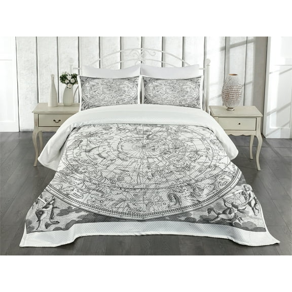 Ambesonne Constellation Quilted Bedspread Set 3 Pcs, Antique Boreal, King Size, Grey