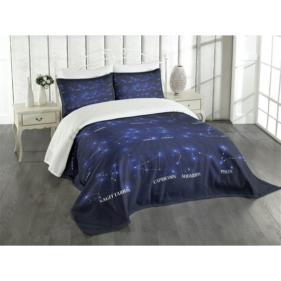 Ambesonne Constellation Quilted Bedspread Set 3 Pcs, Astrology Stars, King Size, Pale Blue Indigo White