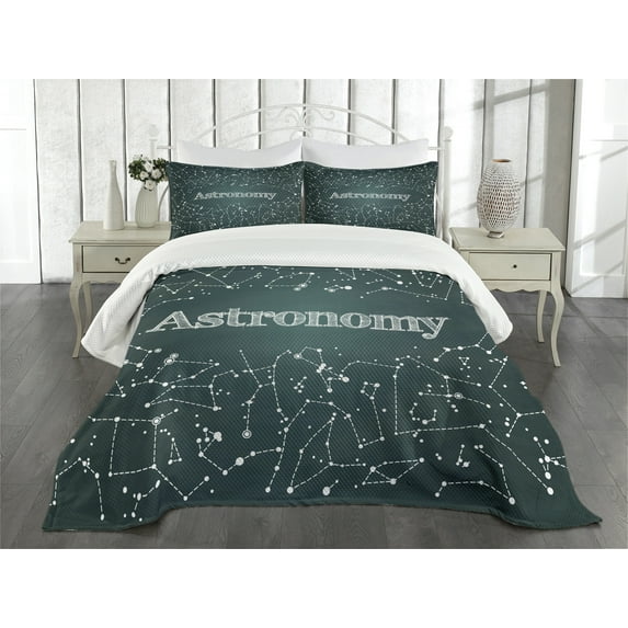 Ambesonne Constellation Quilted Bedspread Set 3 Pcs, Astronomy, King Size, Green White
