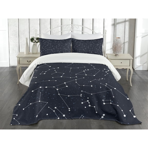 Ambesonne Constellation Quilted Bedspread Set 3 Pcs, Cluster of Stars, Queen Size, Blue Dark Blue White