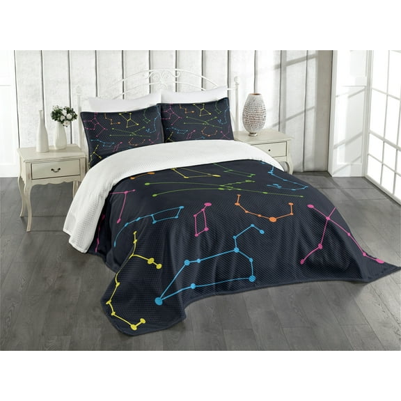 Ambesonne Constellation Quilted Bedspread Set 3 Pcs, Colorful Galactic, Queen Size, Multicolor