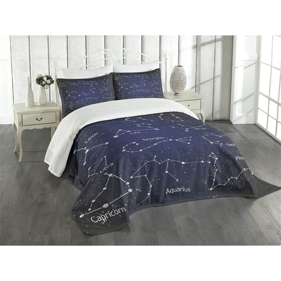 Ambesonne Constellation Quilted Bedspread Set 3 Pcs, Zodiac Doodle Art, King Size, Blue Dark Blue White