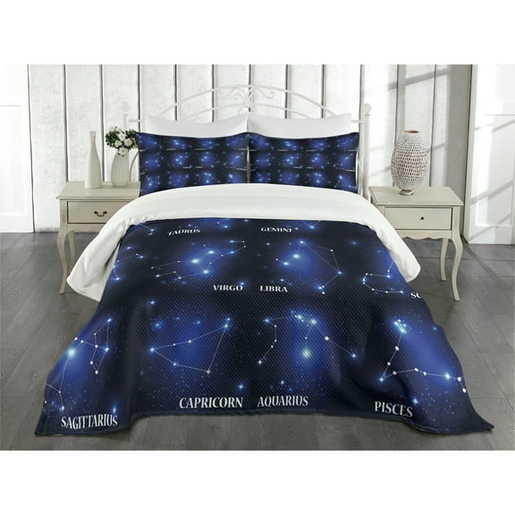Ambesonne Constellation Quilted Bedspread Set 3 Pcs, Zodiac Sign Set, Queen Size, Dark Blue Blue White