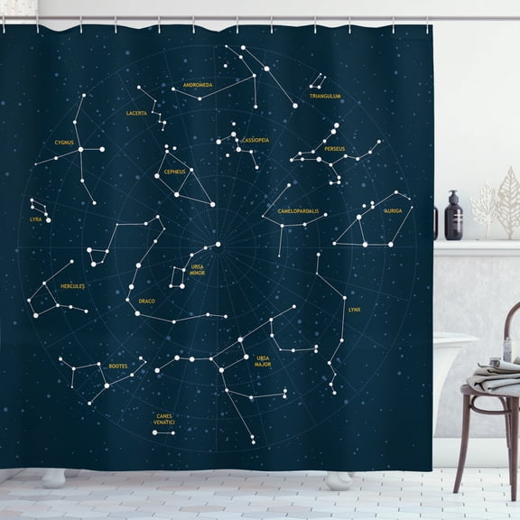 Ambesonne Constellation Shower Curtain, Stars Sky Map, 69"Wx70"L, Dark Blue Yellow White