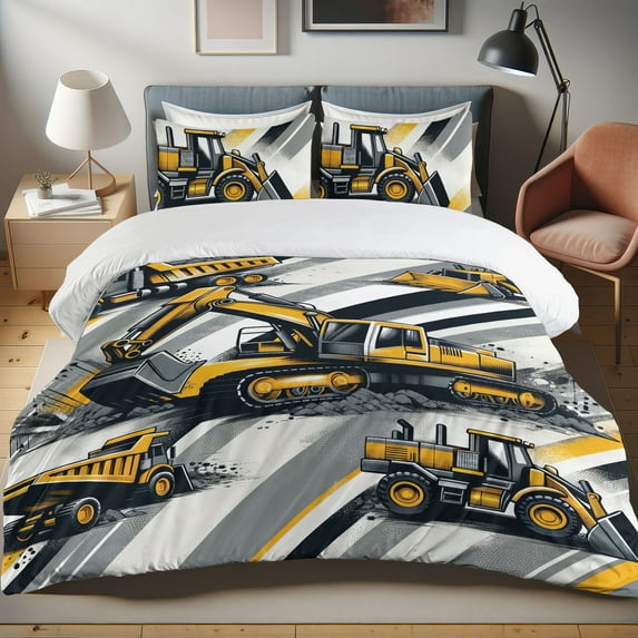 Ambesonne Construction Duvet Cover Set, Cartoon Trucks Stripes, King, Apricot Blue Grey Pearl