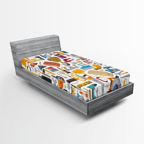 Ambesonne Construction Fitted Sheet 2 Pcs Set, Repairing Tools, Twin, Multicolor