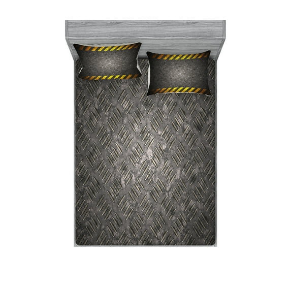 Ambesonne Construction Fitted Sheet & Pillow Sham Set, Caution Tape Frame, King, Dark Taupe Marigold