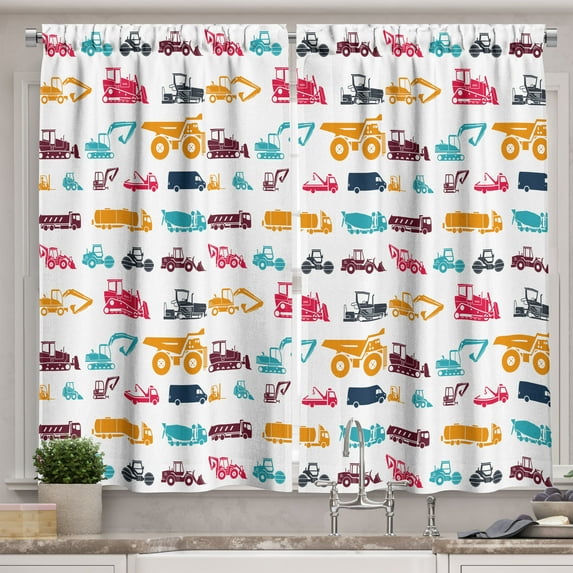 Ambesonne Construction Kitchen Curtains, Colorful Trucks, 55"x39", Multicolor