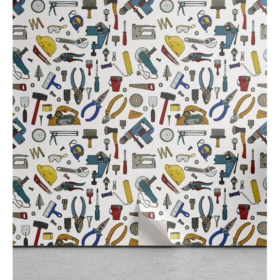 Ambesonne Construction Peel & Stick Wallpaper for Home, Repairing Craft Tools, 13"x100", Multicolor