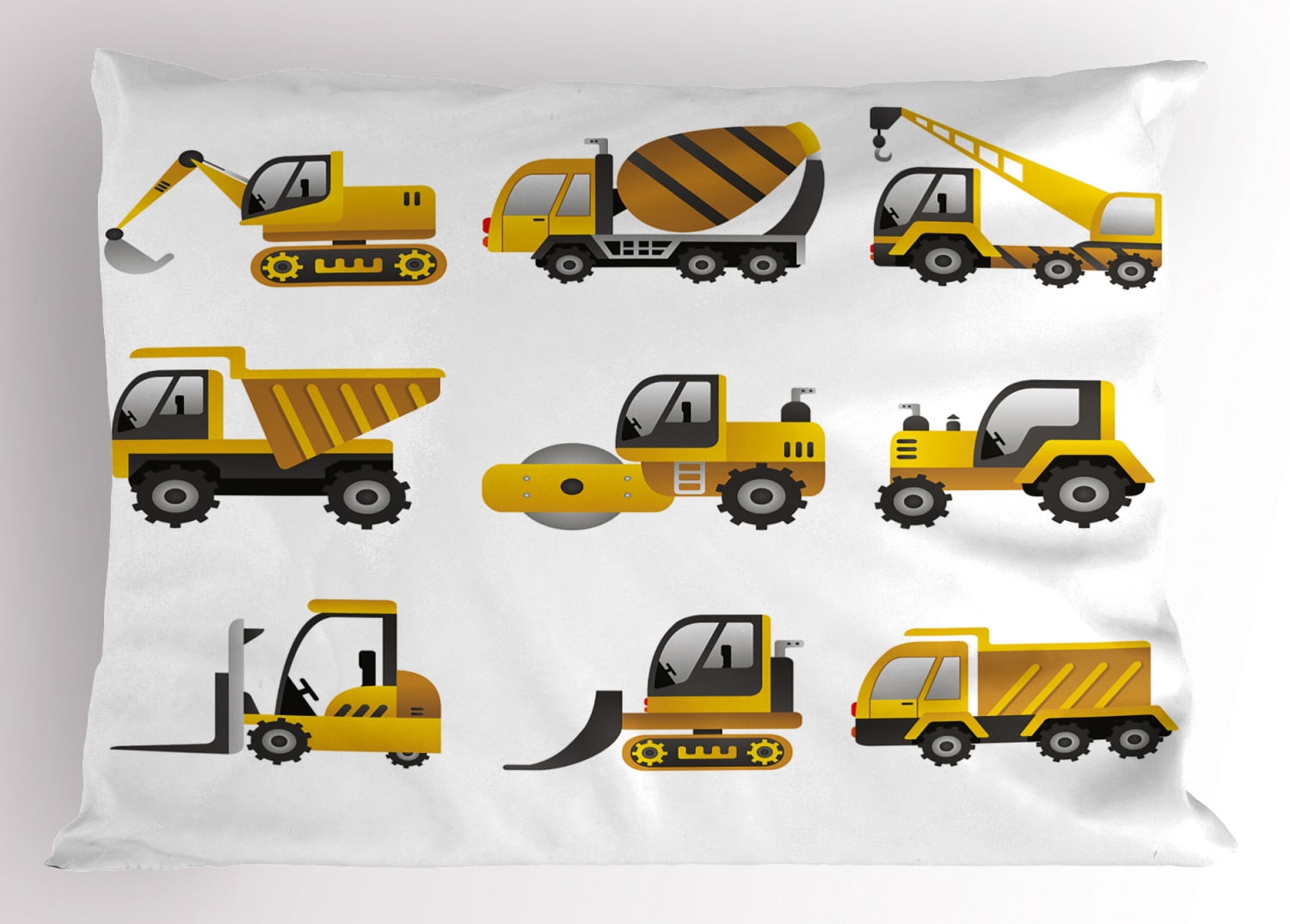 Kids Construction Vehicles Yellow and White Polyester Pillow Sham