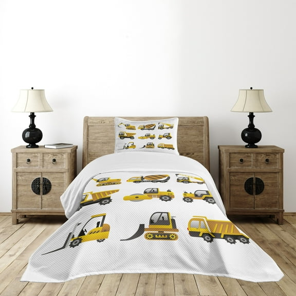 Ambesonne Construction Quilted Bedspread Set 2 Pcs, Big Vehicles Art, Twin Size, Yellow Grey White