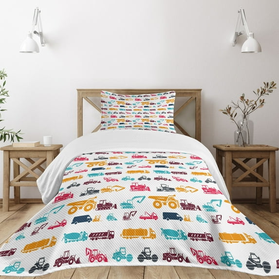 Ambesonne Construction Quilted Bedspread Set 2 Pcs, Colorful Trucks, Twin Size, Multicolor