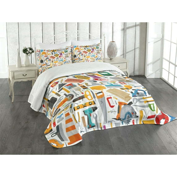 Ambesonne Construction Quilted Bedspread Set 3 Pcs, Repairing Tools, Queen Size, Multicolor