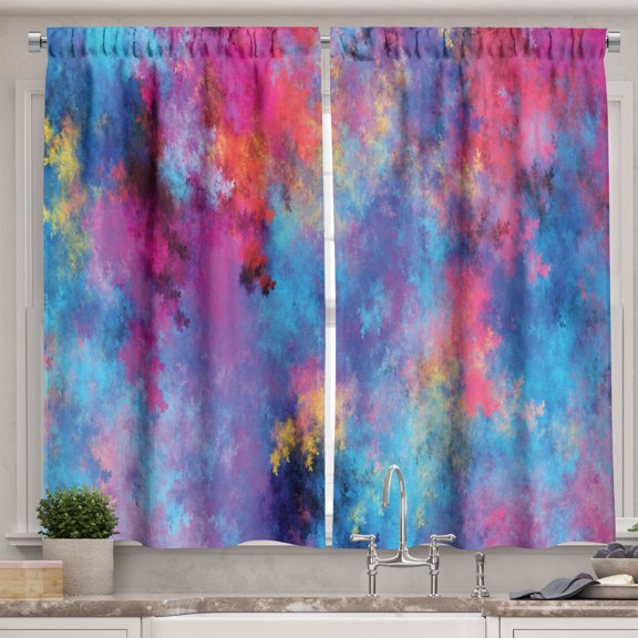 Ambesonne Contemporary Kitchen Curtains, Grungy Clouds Colorful, 55"x30", Dark Coral and Violet Blue
