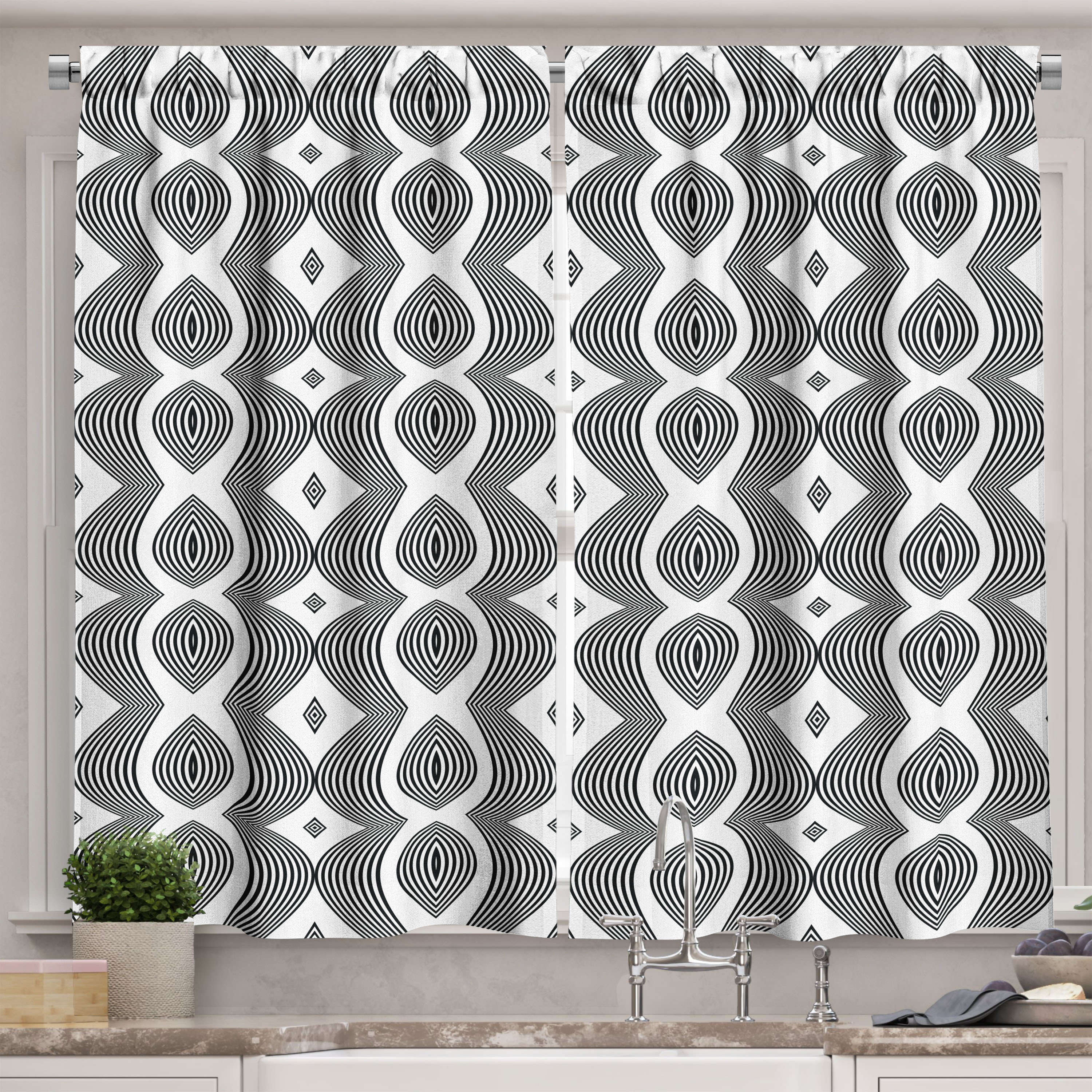 Ambesonne Contemporary Kitchen Curtains, Wavy Lines Op Art, 55"x39 ...