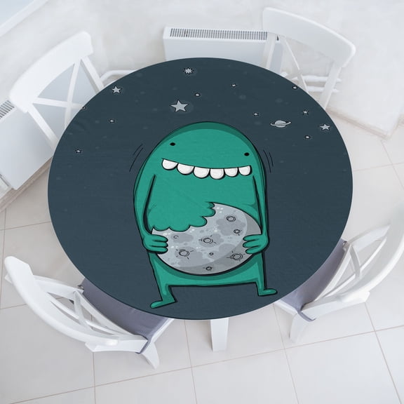 Ambesonne Cookie Fitted Round Tablecloth, Monster with Sharp Teeth, 36"- 40" Diameter, Slate Blue Sea Green