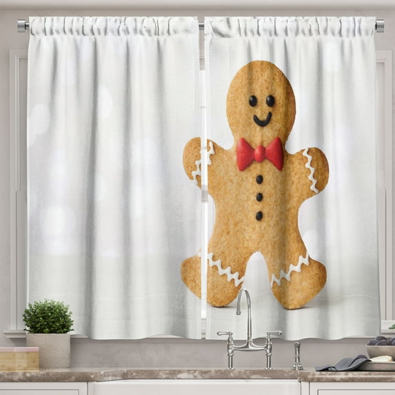 Ambesonne Cookie Kitchen Curtains, Gingerbread Man in a Bow Tie, 55"x39", Sand Brown Vermillion