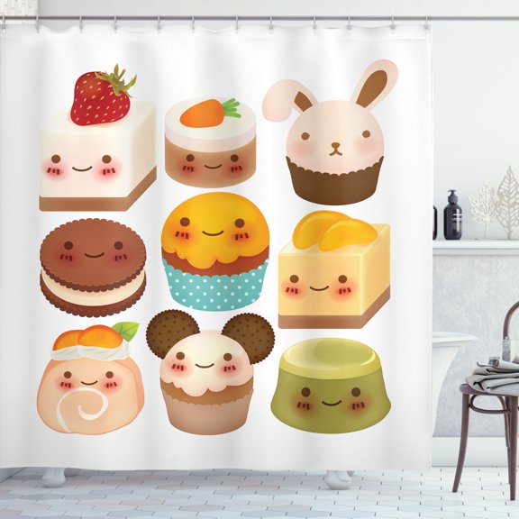 Ambesonne Cookie Shower Curtain, Baked Goods Smiling Kawaii, 69"Wx70"L, Multicolor