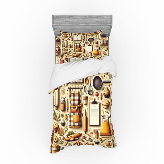 Ambesonne Cooking Themed Bedding Set 3 Pcs, Chef Food Kitchen, Twin, Cream and Orange