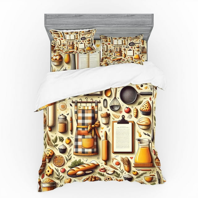 Ambesonne Cooking Themed Bedding Set 4 Pcs, Chef Food Kitchen, King, Cream and Orange