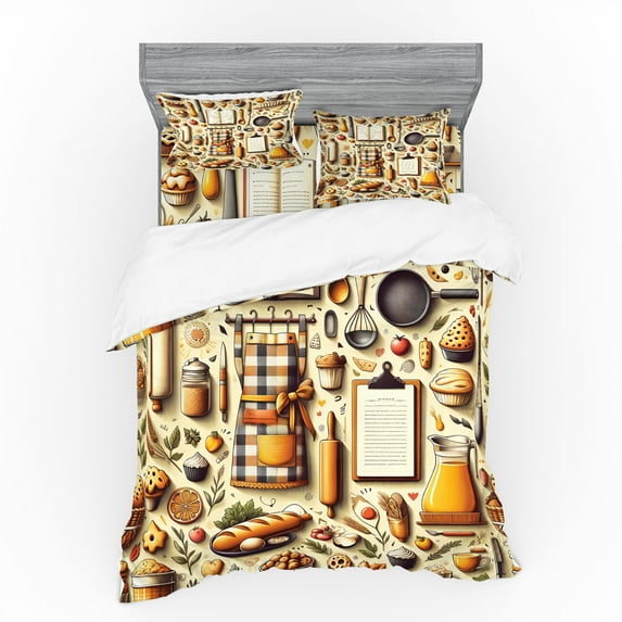 Ambesonne Cooking Themed Bedding Set 4 Pcs, Chef Food Kitchen, King, Cream and Orange