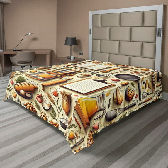 Ambesonne Cooking Themed Flat Sheet, Chef Food Kitchen, Full Size, Cream and Orange