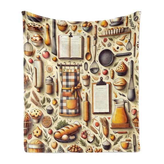 Ambesonne Cooking Themed Fleece Throw Blanket Chef Food Kitchen 70"x90" Cream and Orange