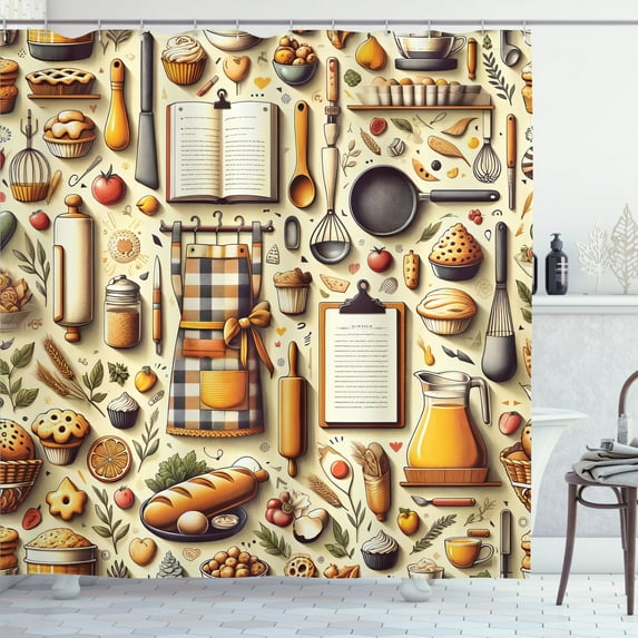 Ambesonne Cooking Themed Shower Curtain, Chef Food Kitchen, 69"Wx75"L, Cream and Orange