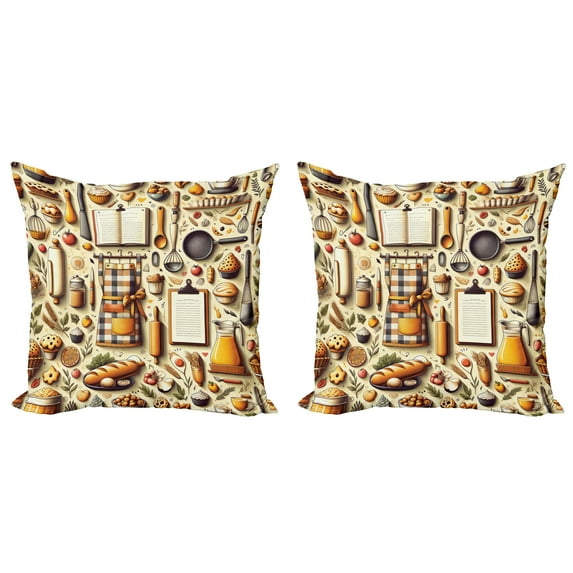 Ambesonne Cooking Themed Throw Pillow Cover 2 Pack, Chef Food Kitchen, 16", Cream and Orange