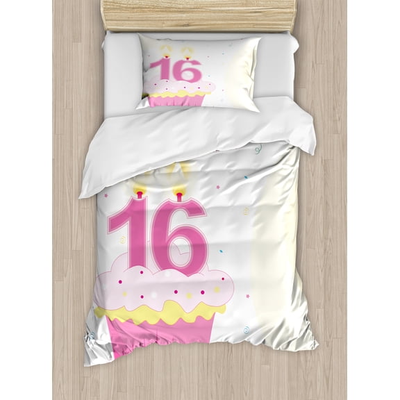 Ambesonne Cool Duvet Cover Sets, Cupcake Candle Girls, 2-Twin, Fuchsia Yellow