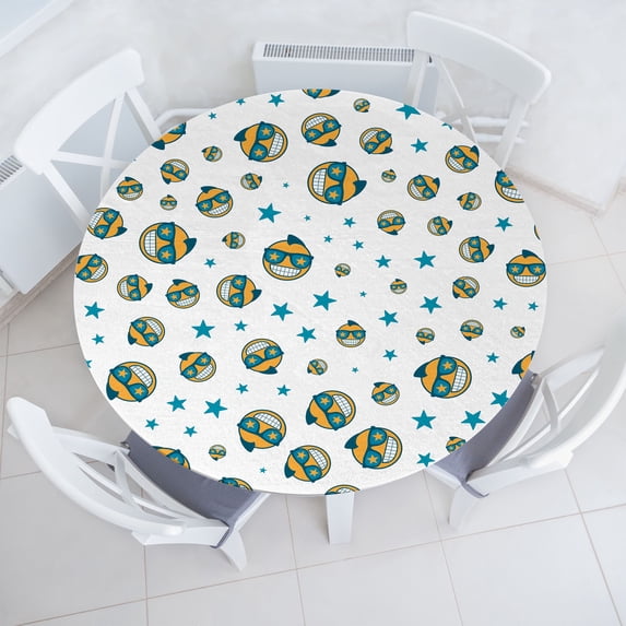 Ambesonne Cool Emoji Fitted Round Tablecloth, Rock Star Pattern Funny, 45"- 56" Diameter, White Mustard Sea Blue