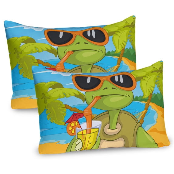 Ambesonne Cool Pillow Sham 2 Pack, Turtle Drinking Cocktail, 30"x20", Green Orange Pale Blue