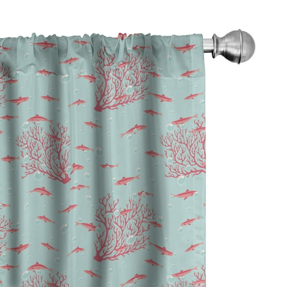 Ambesonne Coral Window Curtains, Fishes Coral Reef Aquatic, Each 28" W x 84" L, Dark Coral Pale Blue