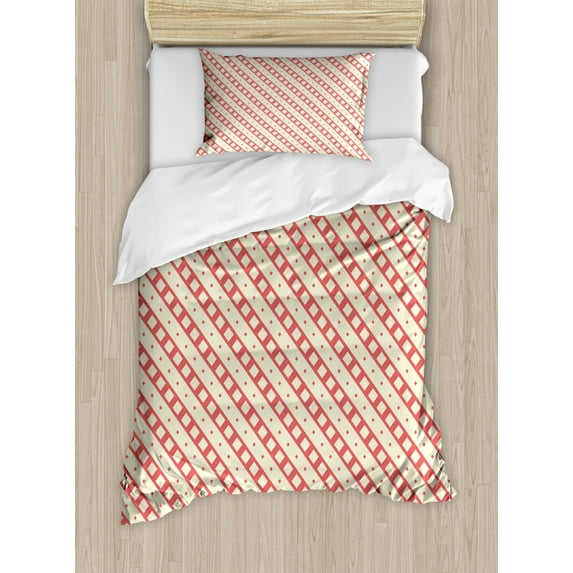 Ambesonne Coral Cream Duvet Cover Sets, Rhombus Diamonds, 2-Twin, Coral and Cream