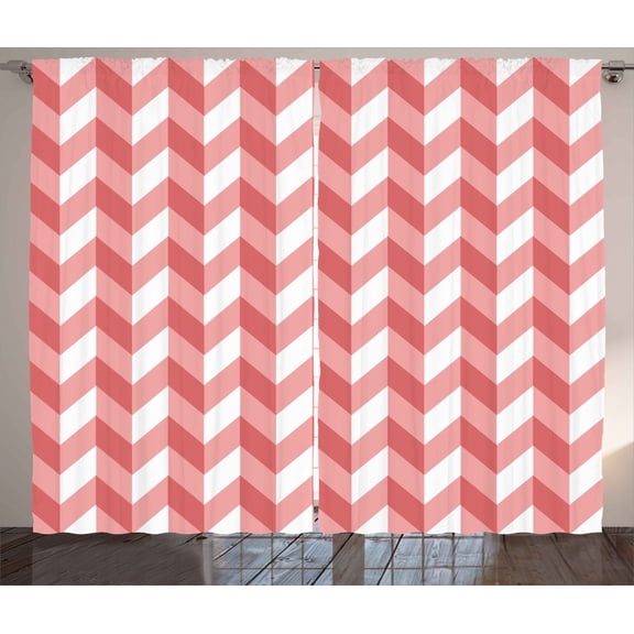 Ambesonne Coral Curtains 2 Panel Set, Retro Chevron Pattern, 108" x 108", Coral Dark Coral White