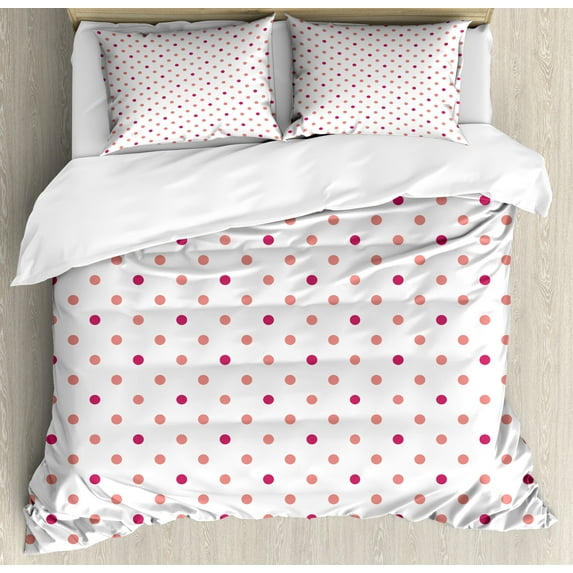 Ambesonne Coral Duvet Cover Set, Classical Soft Polka Dots, 2-Calking, Coral Hot Pink White