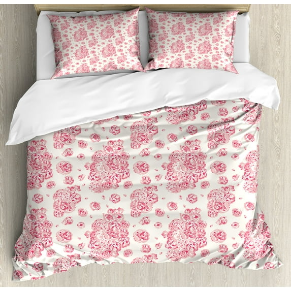 Ambesonne Coral Duvet Cover Set, Peonies English Roses, 2-Calking, Dark Coral Pale Pink