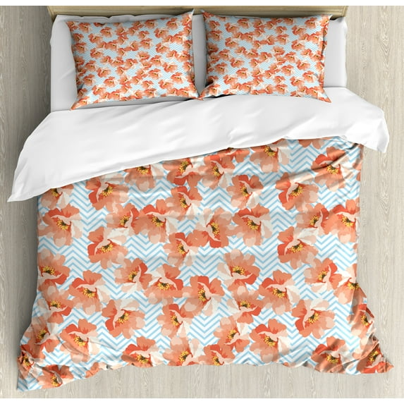 Ambesonne Coral Duvet Cover Set, Romantic Poppy Flowers, 2-Calking, Coral Pale Blue Yellow