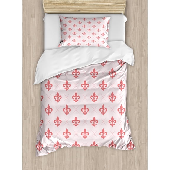 Ambesonne Coral Duvet Cover Sets, Checkered Fleur De Lis, 2-Twin, Pale Pink Coral