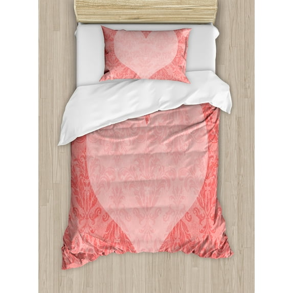 Ambesonne Coral Duvet Cover Sets, Pink Heart Damask, 2-Twin, Coral Pale Pink