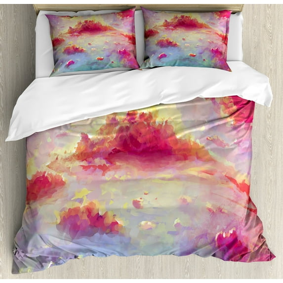 Ambesonne Coral Duvet Cover Sets, Vibrant Clouds Scenic, 2-King, Coral Purple Pale Blue