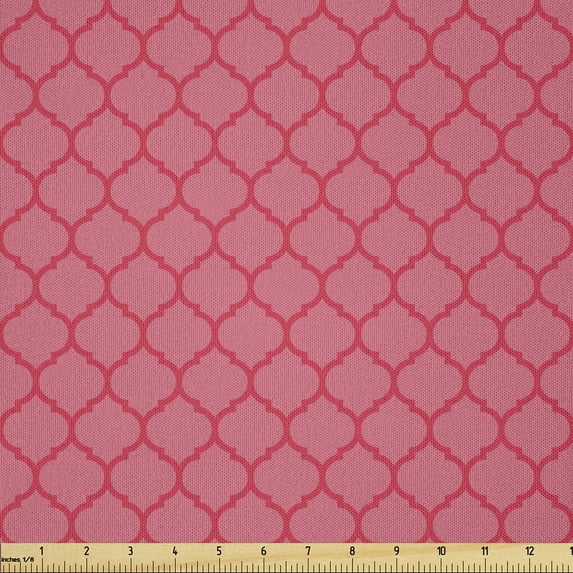 Ambesonne Coral Fabric by the Yard Microfiber, Antique Quatrefoil Motifs, 2 Yards, Coral and Red
