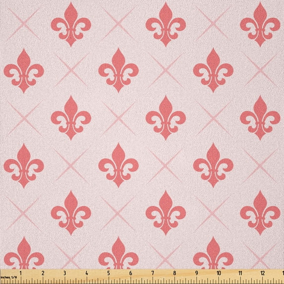 Ambesonne Coral Fabric by the Yard Microfiber, Checkered Fleur De Lis, 3 Yards, Pale Pink Coral