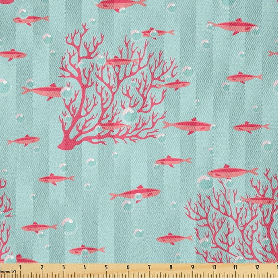Ambesonne Coral Fabric by the Yard Microfiber, Fishes Coral Reef Aquatic, 2 Yards, Dark Coral Pale Blue