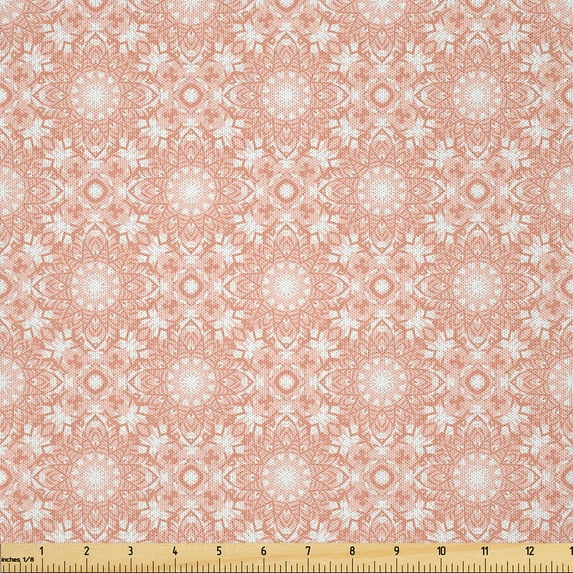 Ambesonne Coral Fabric by the Yard Microfiber, Flourish Mandala Illustration, 2 Yards, White and Coral